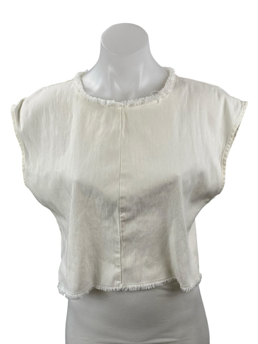 Aritzia Wilfred Women's White Drop Shoulder Fringe Cropped Blouse Top Size M